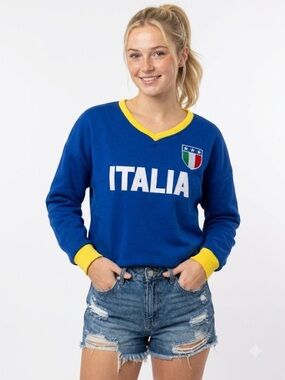 Edikted Italia Graphic Royal Blue V-Neck Sweatshirt - Size Small